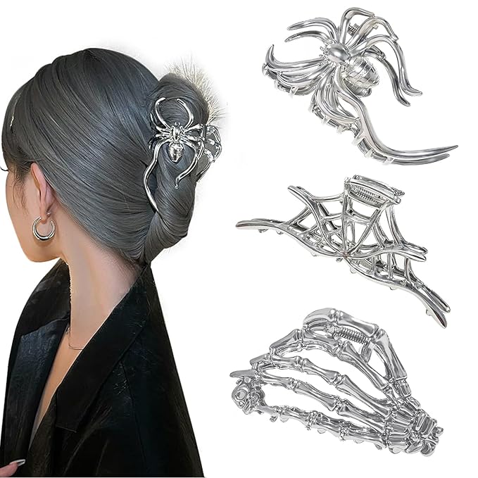 3 Pieces Large Metal Spider Net Hand Hair Claw Clips for Women and Girls Thick Long Hair, Nonslip Skeleton Spooky Barrette Headband Hair Styling Accessories for Halloween Christmas Gifts