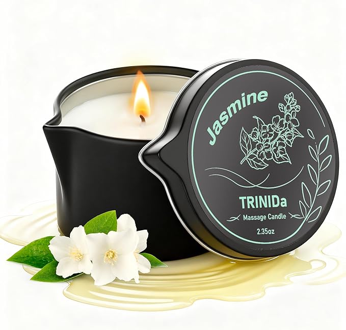 TRINIDa Low Temperature Massage Oil Candle 2.35oz - Soy Wax & Coconut Oil Blend, Moisturizes Skin,Stress Relief, Couples Massage & Home SPA, Romantic Gift Massage Scented Candle (Jasmine)