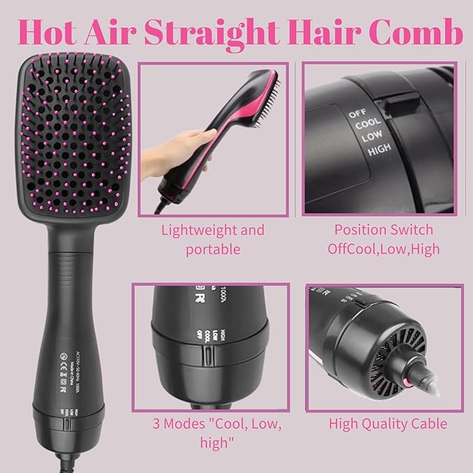 1 Step Ionic Hair Straightener and Dryer Brush - Negative Ion Hot Air Styling Tool for Smooth Hair - All Hair Types