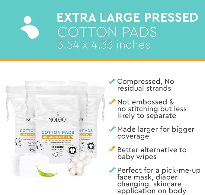 NOLEO Organic Cotton Pads, XL Extra-Large Pressed & Lint-Free Rounds, 3.54" × 4.33", Biodegradable & Compostable, 80-Count – Diaper Care & Makeup Remover