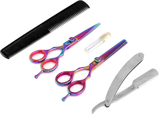G.S Professional Titanium Barber Scissor Razors Edge Hair Cutting 5 Pcs Set 5.5" Barber Shears W/5.5" Texturizing/Thinning Shears Made of Japanese Stainless Steel with Black Leather Case