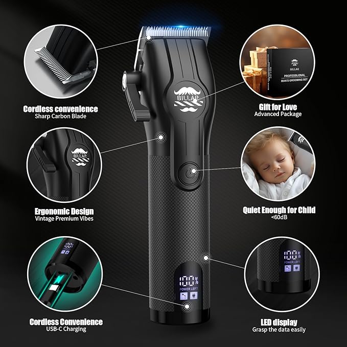 BILLAR Professional Barber Clippers and Trimmer Set - Foil Shaver Professional Hair Clippers for Men, Mens Cordless Hair Clipper for Barbers Haircut Kit（Black）