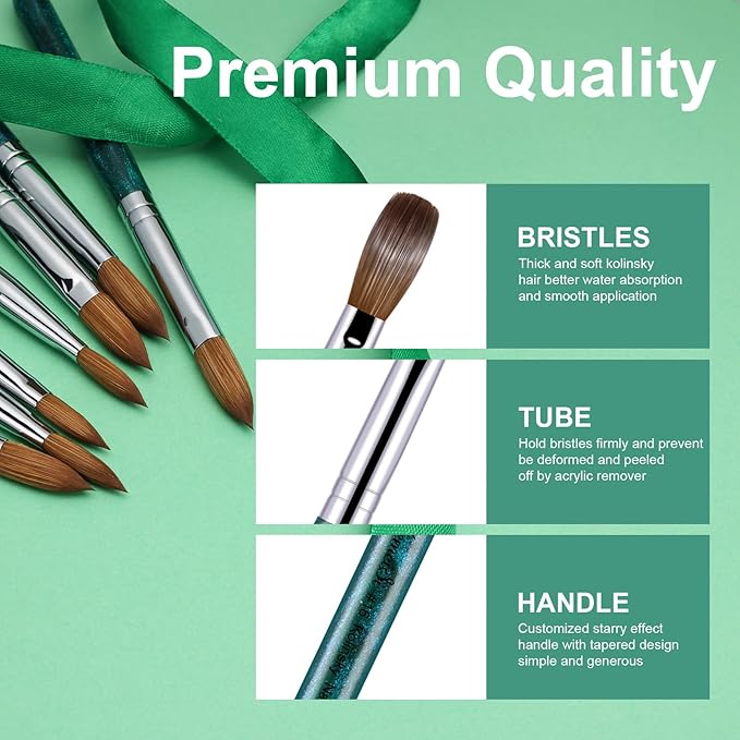 Acrylic Nail Brush Size #14, 100% Pure Kolinsky Nail Art Brushes for Acrylic Application, Sturdy Starry Handle Oval Shaped Nail Design Tools for Professional Manicure DIY, Green