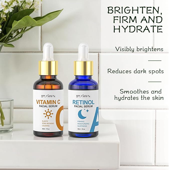 Vitamin C Serum with Hyaluronic Acid & Retinol Serum for Face - Day & Night Set to Brighten, Hydrate & Improve Skin Firmness for All Skin Types, Men & Women