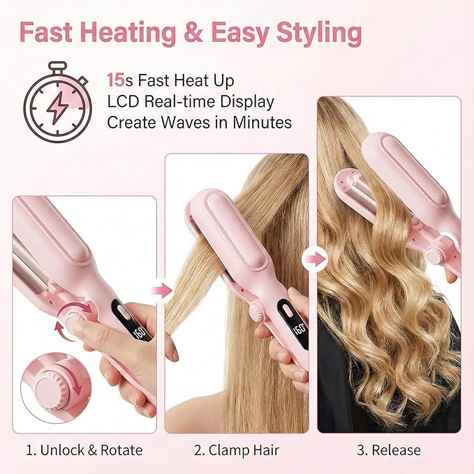 1&1.25 Inch Hair Crimper for Women - Curling Iron Waver Hair Tool to Adjustable Groove - Rizadora para Cabello - Anti-Scald Tech Hair Waver - Ionic Ceramic Coating for Long-Lasting,Fast Heating,Pink