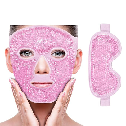 ZNÖCUETÖD Face Eye Mask Ice Pack for Reducing Puffiness, Bags Under Eyes, Puffy Dark Circles, Migraine,Hot/Cold Pack with Soft Plush Backing (Pink-(1*Eye Mask+1*Face Mask))