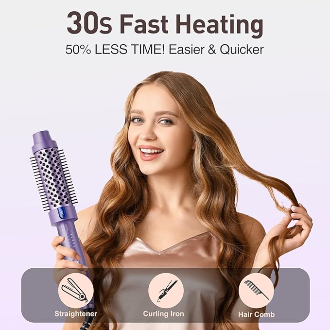 1.5 Inch Thermal Brush Blowout with 5 Temp Settings, Universal Voltage Hair Curling Iron, Ceramic Ionic Thermal Round Curling Brush Suitable for Medium and Long Hair, Purple
