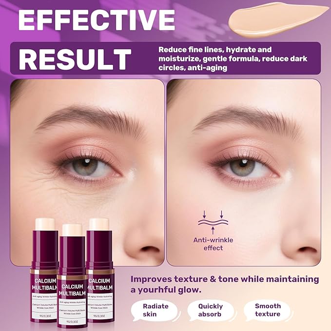 3pcs Calcium Volume Multi Balm,Calcium Multi Balm,Wrinkle Core Stick，Korean Collagen Moisturing Stick, Anti-aging, Hydrating, Almond & Vitamin E for Lip Balm Eye Cream Neck