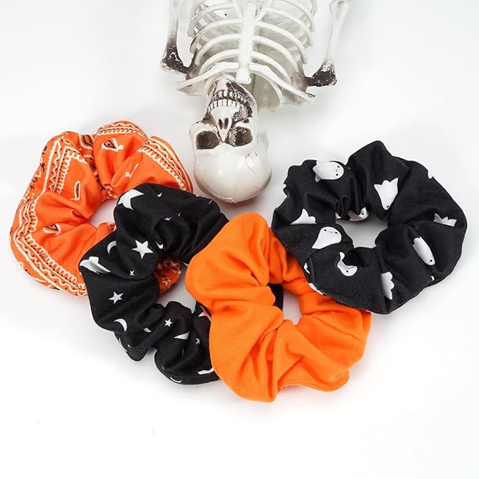 Halloween Hair Scrunchies Cute Ghosts Moon Star Hair Ties Fall Orange Bandana Scrunchy Elastics Hair Bands Gifts Ponytail Holder Hair Accessories for Women Girls