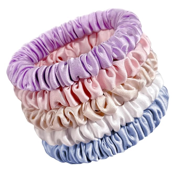 OLESILK Silk Hair Ties for Women: 100% Mulberry Skinny Silk Scrunchies, Soft Smooth No Damage No Crease for Thin Fine Curly Hair 5 Pack, Light