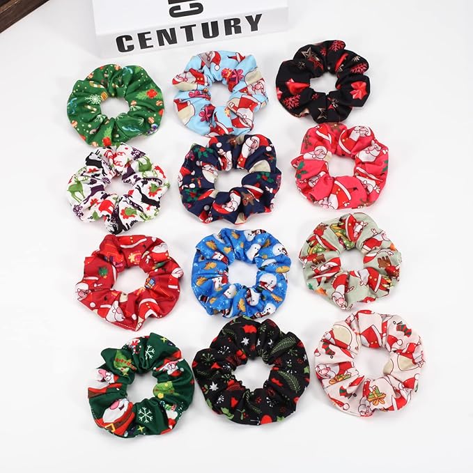 12 PCS Christmas Hair Scrunchies Snowflake Santa Christmas Tree Antlers Elk Snowman Hair Ties Soft Elastic Hair Bands for Women Girls Gifts Ponytail Holders Hair Accessories (12PCS-C-Christmas)