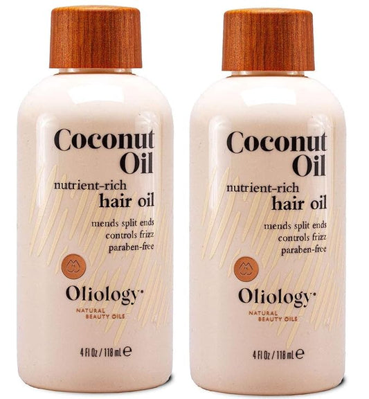 Oliology Coconut Hair Oil - Lightweight Formula Helps Repair Distressed Hair Caused by Heat Styling & Chemical Treatments | Mends Split Ends | Controls Frizz | Made in USA & Paraben Free (4oz/2 Pack)