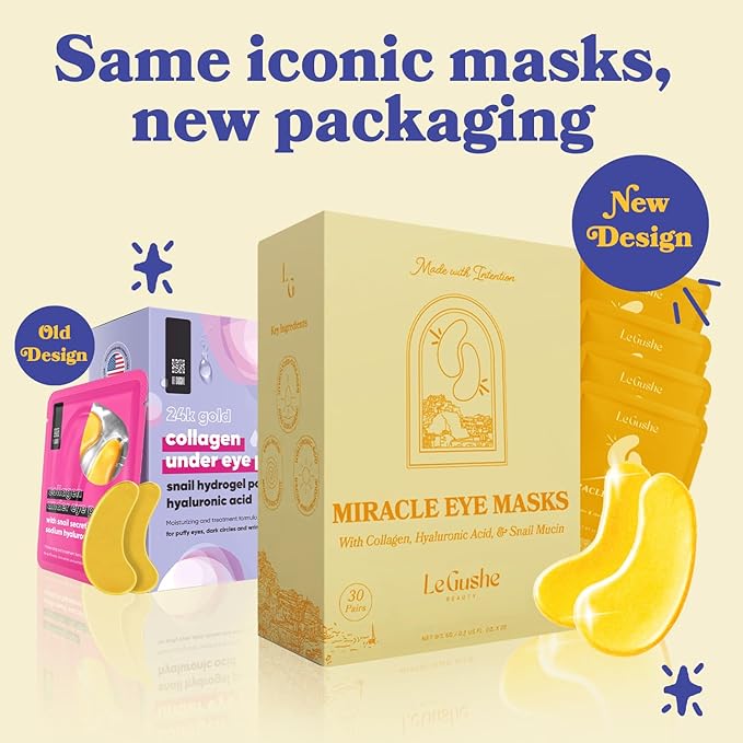 LE GUSHE Gold Under Eye Patches for Puffy Eyes and Dark Circles (30 Pairs) - Hydrating Collagen Under Eye Masks with Snail Mucin - Soothing Puffy Eyes Treatment for Women & Men - Bridesmaid Gifts