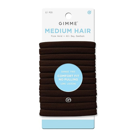 Gimme Beauty Medium Hair Bands - Patent-Pending Seamless Nylon & Spandex Ties for All Hair Types - No-Snag, Zero-Dent Ponytail Holders - Everyday-Wear Tie - Dark Brown, 12 Pack
