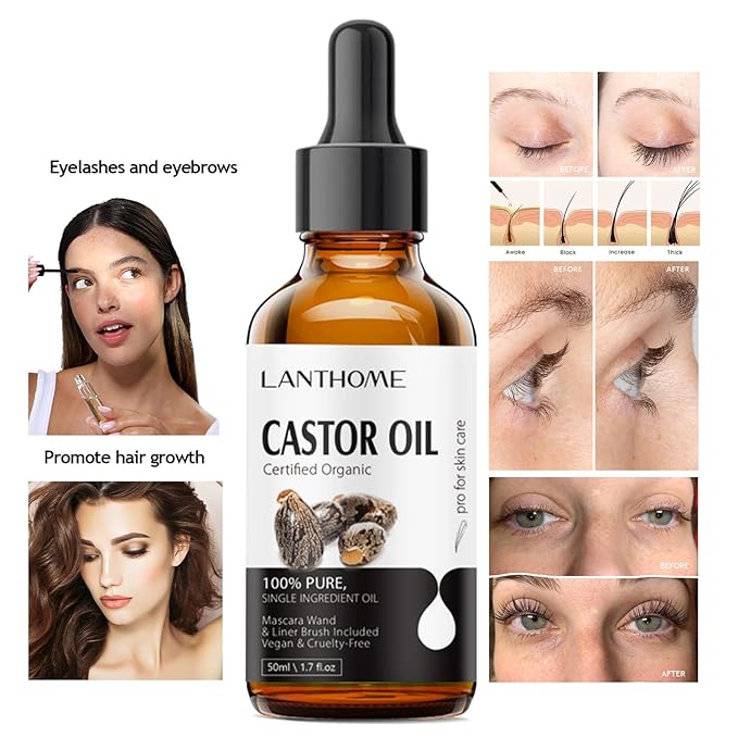 Lanthome Organic Castor Oil Cold Pressed Certified (1.7 Floz with Eyelash Kit), Black Castor Oil for Eyelashes, Eyebrows & Skin Moisturizer, Hair Growth Hexane Free