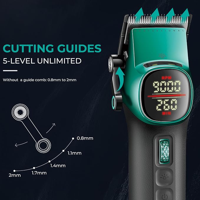 VGR 885 S2 Cordless Barber Clippers and Trimmers Kit, Professional Hair Clippers for Men, Haircut Kit with DLC-Coated Ceramic Blades, 21-Speed Roller, 2 Magnetic Charging Bases, LED Display, Green