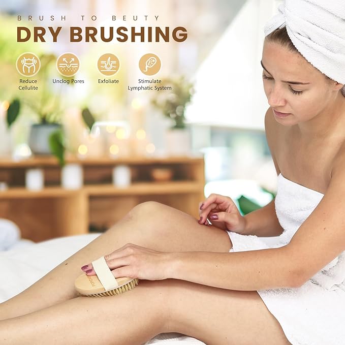 POPCHOSE Dry Brushing Body Brush, Natural Bristle Dry Skin Exfoliating Brush Body Scrub for Flawless Skin, Cellulite Reduction, Lymphatic Drainage and Blood Circulation Improvement