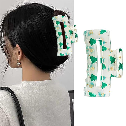 Christmas Tree Claw Clips,1pc Acrylic Hair Clip, Rectangular Large Hair Claw Clips for Thick/Thin Hair, Transparent Green Tree Design Medium Hairpin, Cute Hair Accessories for Christmas
