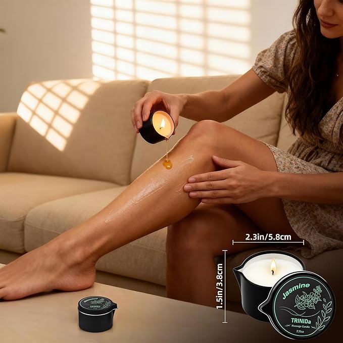 TRINIDa Low Temperature Massage Oil Candle 2.35oz - Soy Wax & Coconut Oil Blend, Moisturizes Skin,Stress Relief, Couples Massage & Home SPA, Romantic Gift Massage Scented Candle (Jasmine)