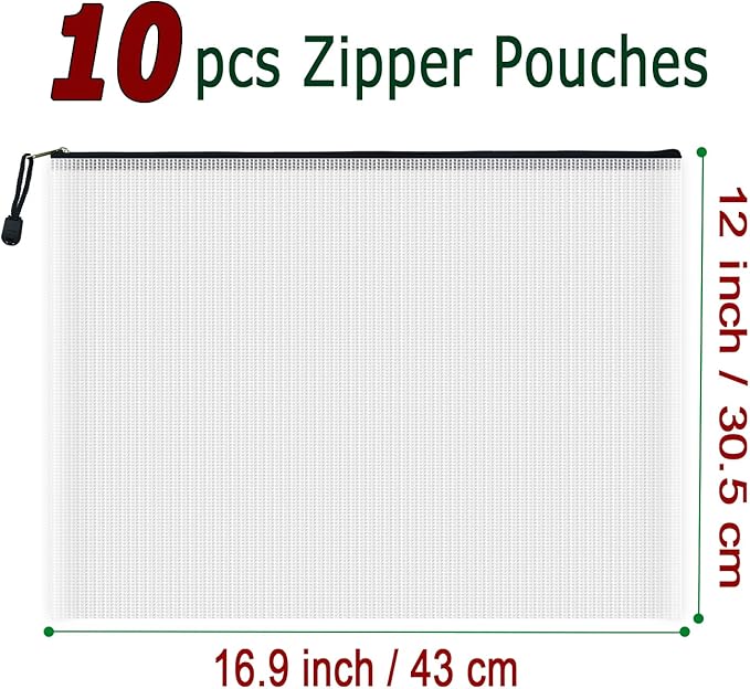 AUSTARK 10 Pcs Zipper File Bags, Waterproof Plastic Mesh Pouch for Office School, Board Game Storage Bags (A3 Size 16.9''x12'', White and Black)