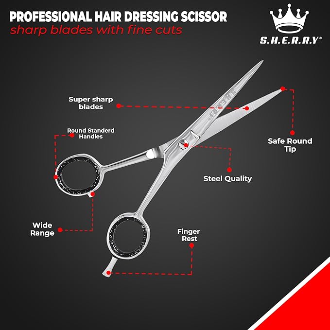 Professional Barber Shears 6” – High Carbon Stainless Steel Hair Cutting Scissors with Razor Sharp Edge for Salon & Home Use by S.H.E.R.R.Y (Silver, 6 inches)