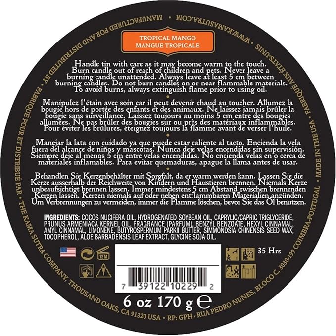 KAMA SUTRA Ignite Massage Candle with Coconut Oil and Soy Based Wax-Free Formula – Tropical Mango Scented, 6 oz/170 g