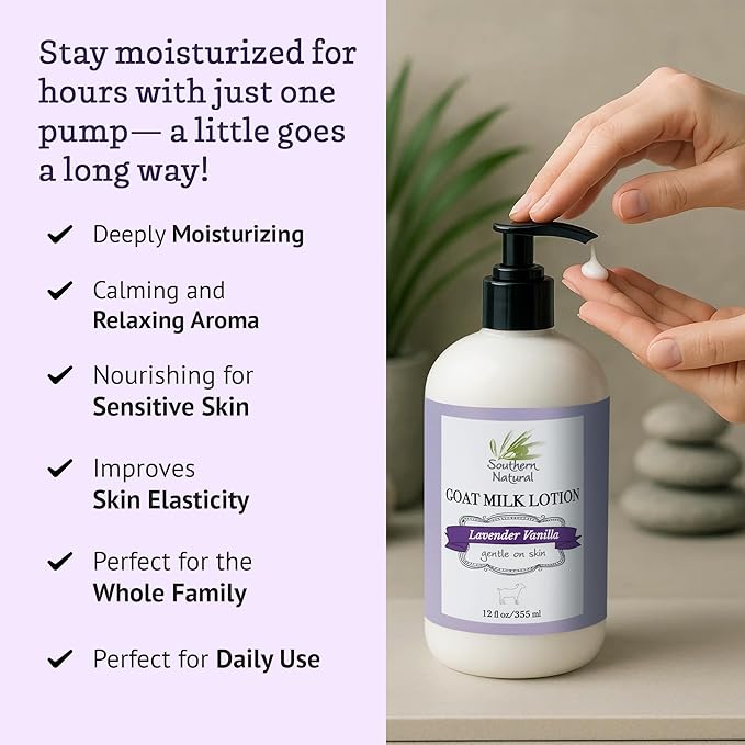 Southern Natural Goat Milk Lotion – Nourishing Face, Body & Hand Moisturizer for Dry & Sensitive Skin - Hydrating Cream, Gentle Skincare for Soft & Smooth Feel - Lavender Vanilla Scent - 12oz