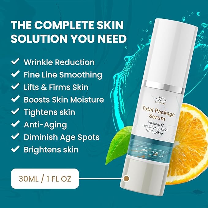 Sun Coast Sciences - Total Package Serum, All-In-One Vitamin C, Hyaluronic Acid, Anti-Aging Facial Super Serum for Wrinkles, Age Spots - 1 fl oz (Pack of 4)