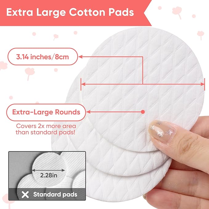 Extra Large Cotton Rounds, Diameter 3.14", 100% Pure Cotton Pads, Soft and Lint-Free, for Removing Makeup, Nail Polish, and Cleansing Face, 120 Count
