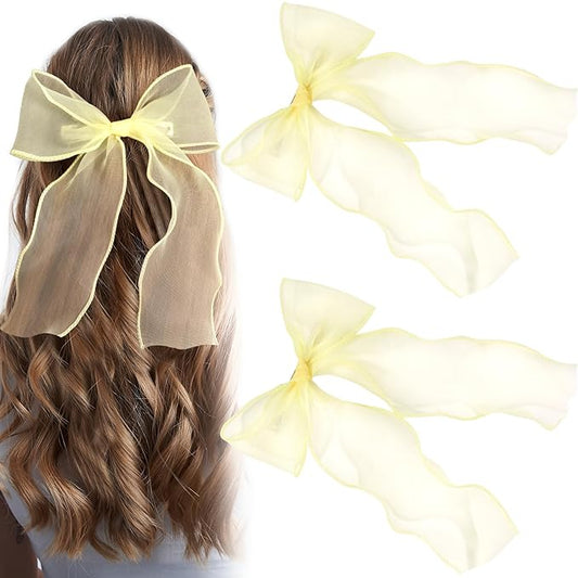 2Pcs Large Hair Bow Clips, Yellow Silk Lace Ribbon Bow for Women, Elegant Long Tail Bowknot French Hair Styling Barrette for Wedding, Parties, Daily Use