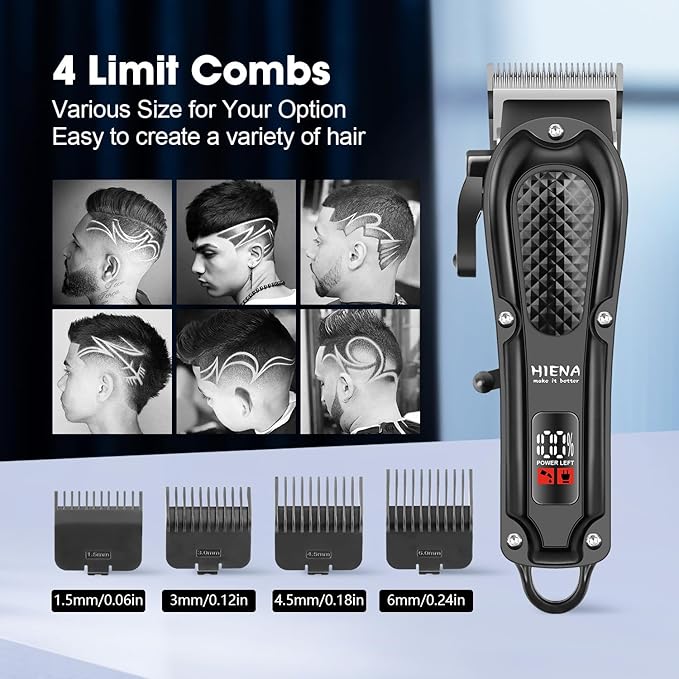 HIENA PRO Professional Hair Clippers for Men, Cordless&Corded Barber Clippers for Hair Cutting, Rechargeable Beard Trimmer, LED Display, Gifts for Men (Black)