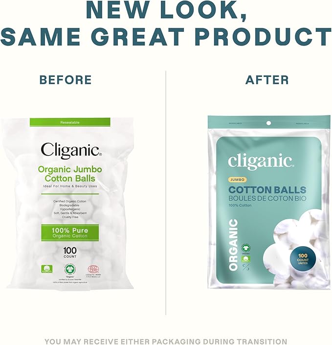 Cliganic Organic Super Jumbo Cotton Balls (100 Count) - Hypoallergenic, Absorbent, Large Size, 100% Pure (Packaging May Vary) (Pack of 2)