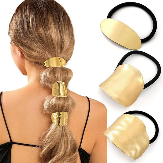 3PCS Gold Hair Ties, Metal Hair Ties for Thick Hair, Elegant Durable Geometric Design Hair Cuffs, Gold Hair Accessories Stretchy and Non-Damage Ponytail Holders 3 Style Holiday Christmas Gifts