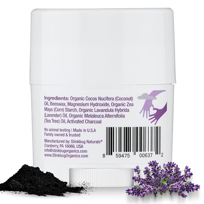 Stinkbug Naturals Organic Aluminum Free Travel Size Deodorant Stick with Lavender, Coconut Oil and Activated Charcoal, 0.75 Ounce Pack of 3