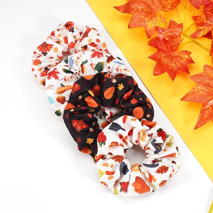Thanksgiving Day Hair Scrunchies Soft Fall Turkey Harvest Elastic Hair Ties Autumn Hair Accessories Scrunchy Elastics Hair Bands Gifts Ponytail Holder Accessories for Women Girls