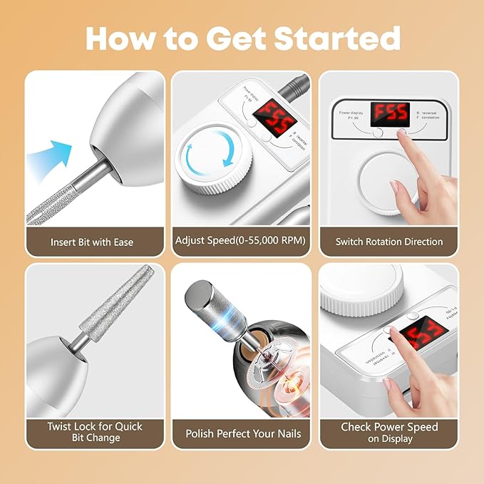 Professional Nail Drill Electric File, GEEZO 55000RPM Portable Cordless Nail Drill Machine with Bits, Rechargeable E File for Acrylic & Gel Nails, Manicure & Pedicure Tech Tool for Home Salon (White)