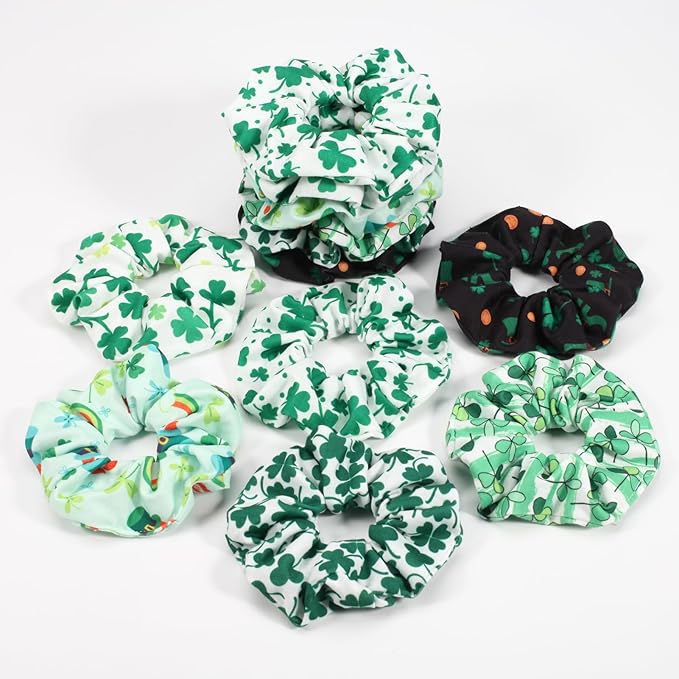 Green Shamrock and Rainbow Elastic Hair Scrunchies - 12PCS Gifts for Women & Teen Girls, St. Patrick's Day Decor Hair Accessories