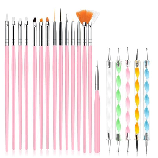 20Pcs Nail Art Brushes Tool Set, Nail Art Double-End Tools, Nail Liner Brushes, Silicone Pen Dotting Pen Tools Nail Art Kit for Home Nail Art DIY Salon Use-Pink