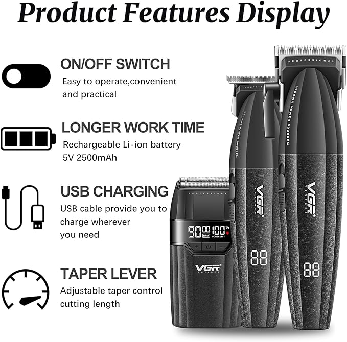 VGR 640S3 Professional 3 in 1 Hair Cutting Kit, 9000RPM Hair Clippers for Men Professional Hair Trimmer & Foil Shavers Set, Cordless Mens Barber Combo for Home, for Him(Black)