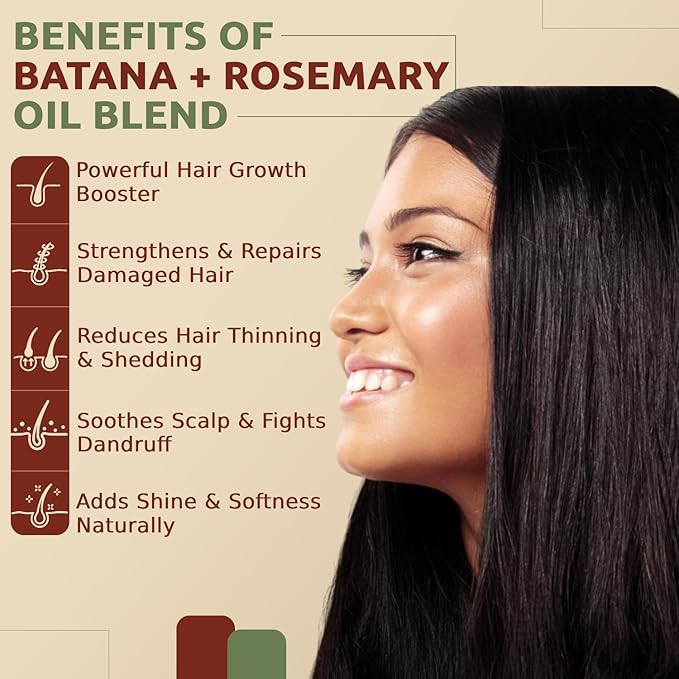 Batana Oil for Hair Growth with Rosemary: Nourish & Detox Scalp for Thicker, Stronger, Longer Hair - Dr. Sebi Recommended, 100% Organic Batana Oil from Honduras - Reduce Hair Loss (2 Fl Oz)