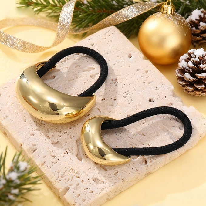 2PCS Gold Hair Ties for Women - Metal Hair Accessories for Thick Hair, Elegant and Durable Geometric Design, Ponytail Cuffs Stretchy Non-Damage Holiday Christmas Gifts