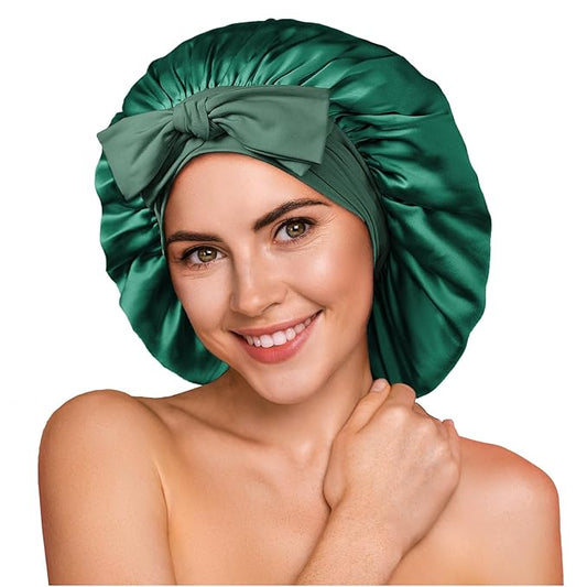 YFONG 100% 22 Momme Mulberry Silk Bonnet for Sleeping Women, Larger Double Layer Silk Hair Wrap for Curly Short Long Hair, Non-Slip Sleep Cap Turban with Elastic Tie Band for Hair Care, Green