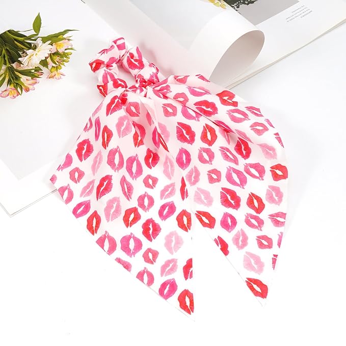 Valentine's Day Hair Ties Pink Lip Hair Scrunchies for Women Teen Girls Elastic Love Hair Tie Ribbon Valentine's Day Hair Bows Hair Accessories Gifts