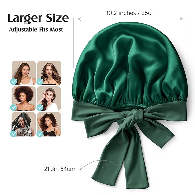 YFONG 100% 22 Momme Mulberry Silk Bonnet for Sleeping Women, Larger Double Layer Silk Hair Wrap for Curly Short Long Hair, Non-Slip Sleep Cap Turban with Elastic Tie Band for Hair Care, Green