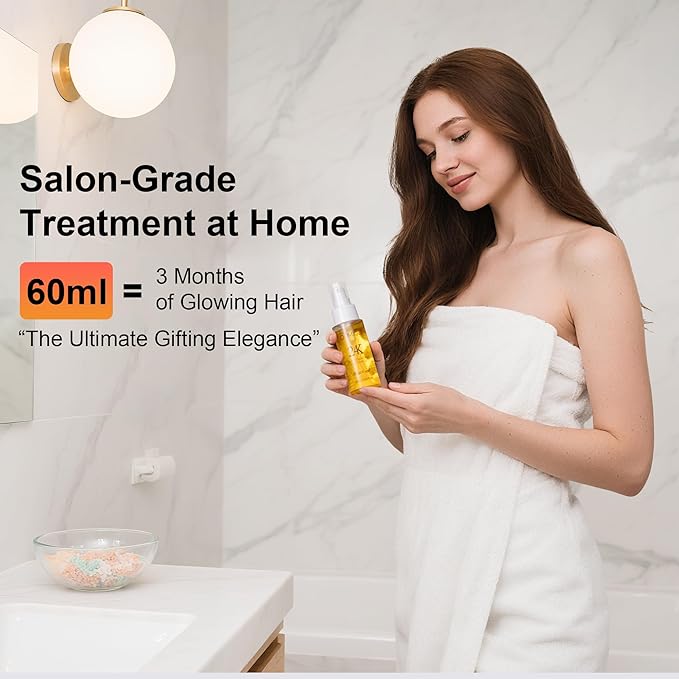 24K Gold Hair Oil, Repair Shine Serum with Coconut, Argan & Olive Oils - Heat Protectant and Frizz Control - Vegan, Lightweight Leave-In Treatment for Dry Damaged Hair (2.02 Fl Oz (Pack of 2))