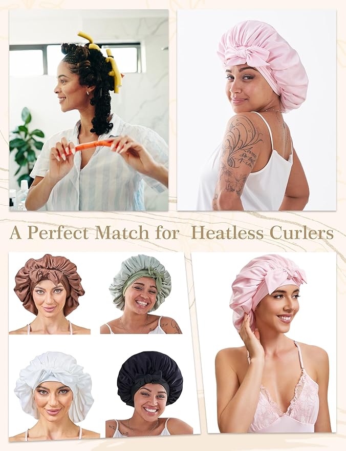 Silk Satin Bonnet Hair Wrap for Sleeping Women, Adjustable Tie Band Double Layer Sleep Night Head Cover for Curly Braid Fine