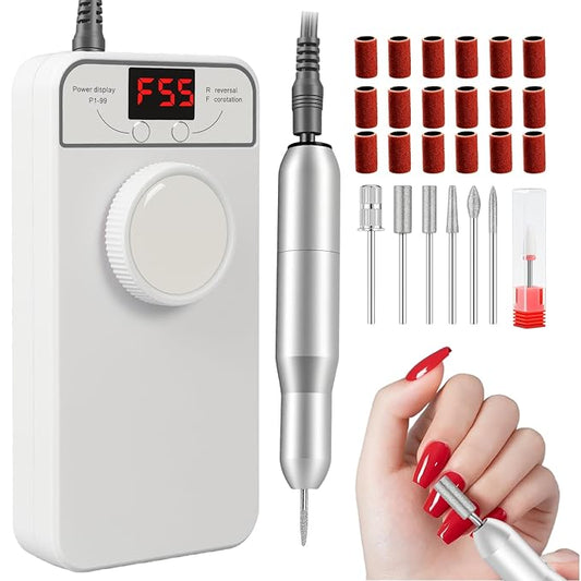 Professional Nail Drill Electric File, GEEZO 55000RPM Portable Cordless Nail Drill Machine with Bits, Rechargeable E File for Acrylic & Gel Nails, Manicure & Pedicure Tech Tool for Home Salon (White)