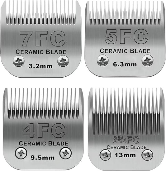 Size 7FC/5FC/4FC/3FC Detachable Pet Dog Grooming Clipper Ceramic Blades Set,Compatible with Andis,Oster A5,Wahl KM10 Series Clippers,Cut Length 1/8"(3.2mm) to 1/2"(13mm),4 Pack