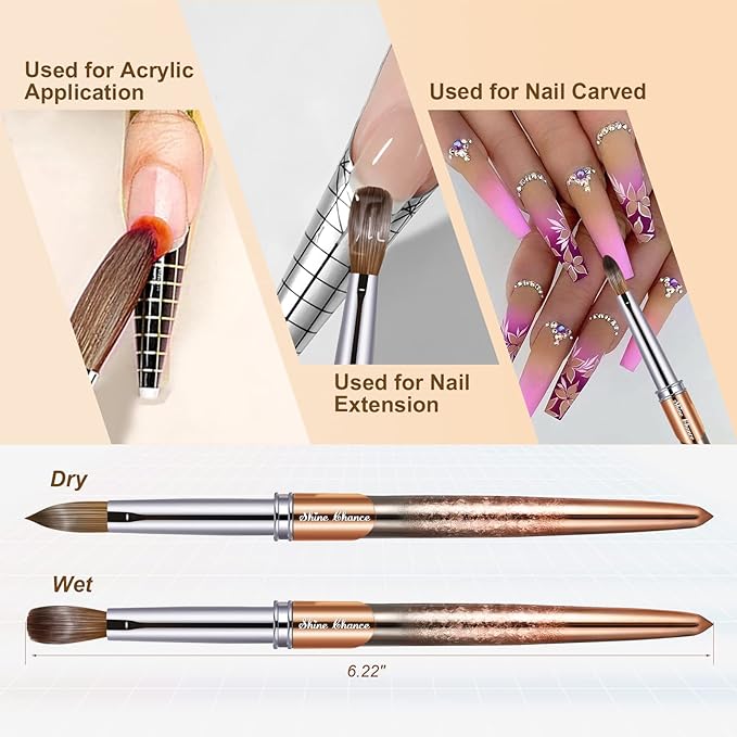 Acrylic Nail Brush Size 2, 100% Real Kolinsky Art Nail Brush for Acrylic Powder Application, Handmade Women Manicure Nail Extension Tool for Professional DIY Home Salon and Beginners