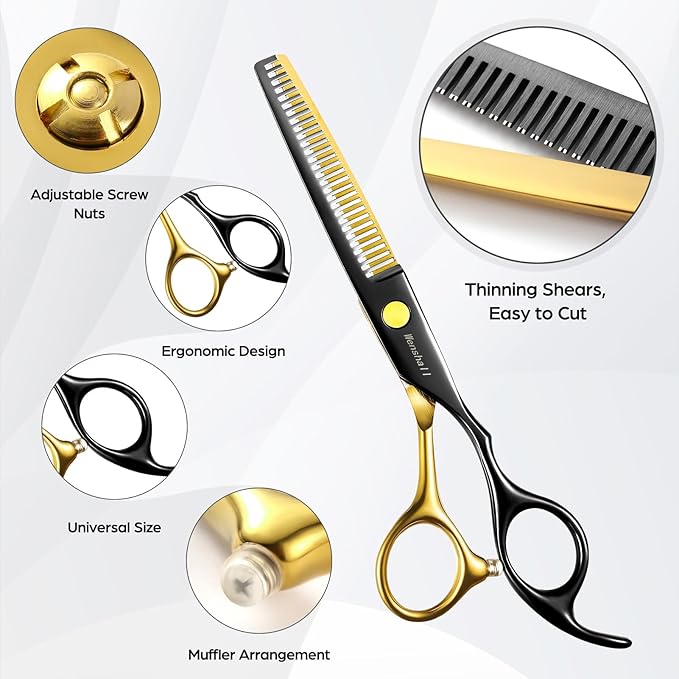 Professional Black Gold Hair Scissors 6.89" Teeth Japanese Stainless Steel Multifunctional Salon Thinning Scissors Straight Shears Tools for Men Women Home Salon Barber